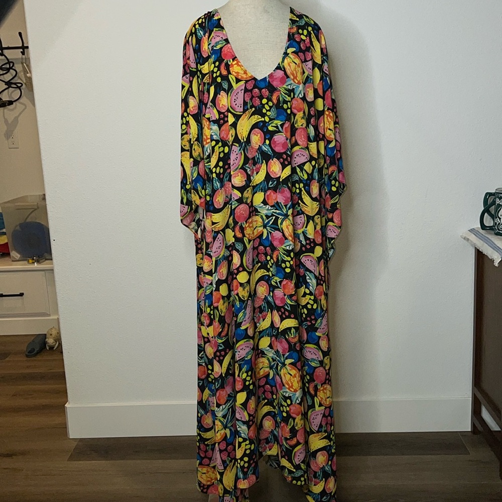 Show Me Your MuMu Black Fruit-Print Kaftan with Yellow & Pink Accents